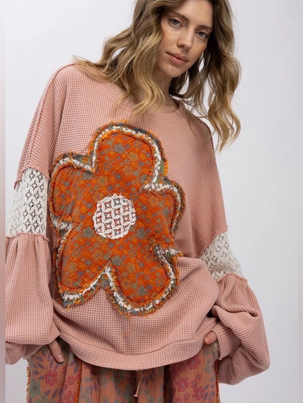 BlueVelvet Floral Patchwork soft pink waffle Knit top long sleeve Orange Floral